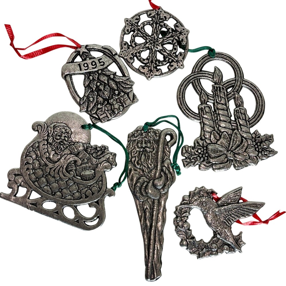 Lot of 6 Carson Pewter Silver‎ Christmas Ornaments 90s Santa Tree Candles Snow